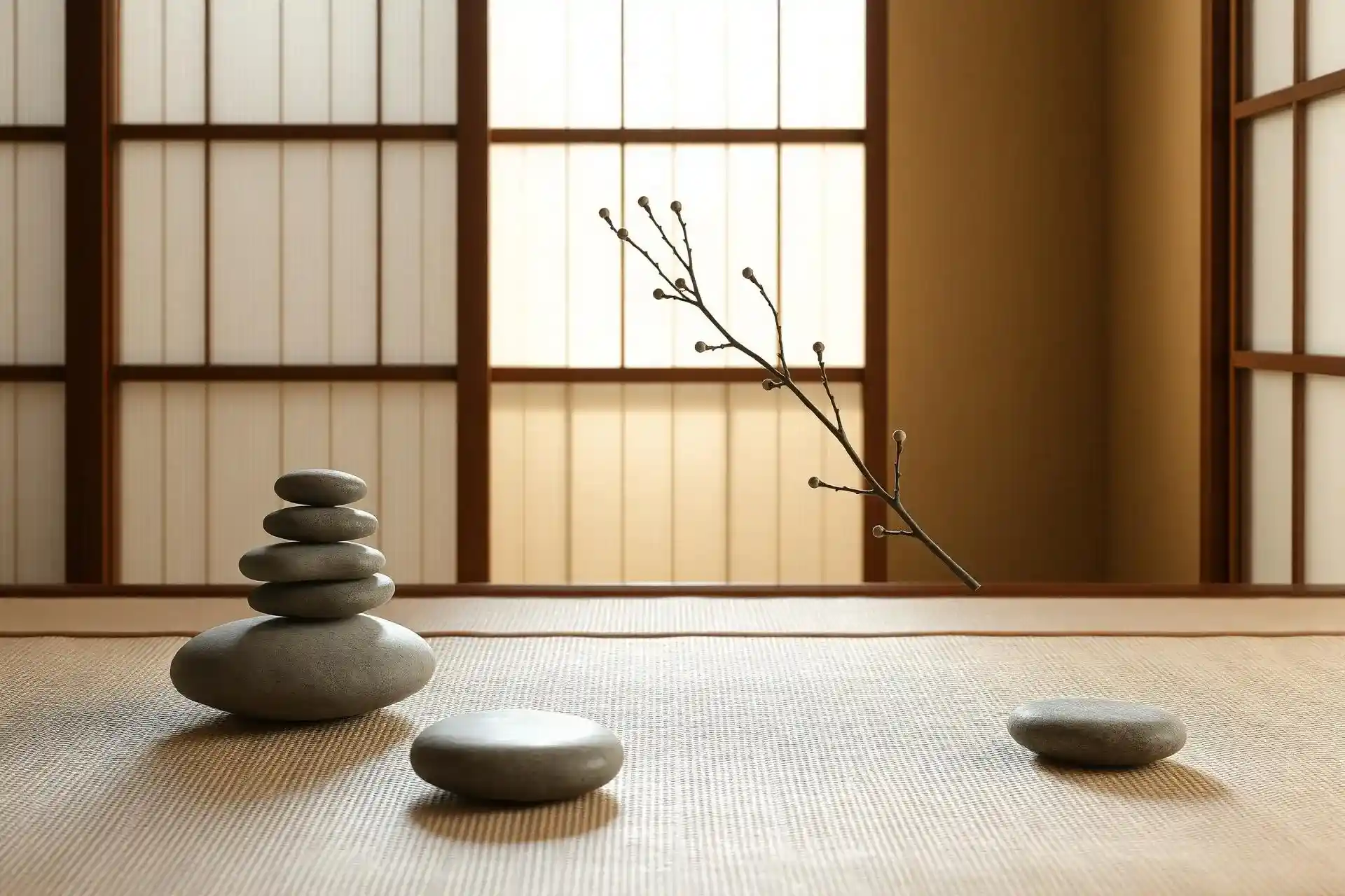Tranquil tatami room with stacked stones and a single branch lit by warm shoji light